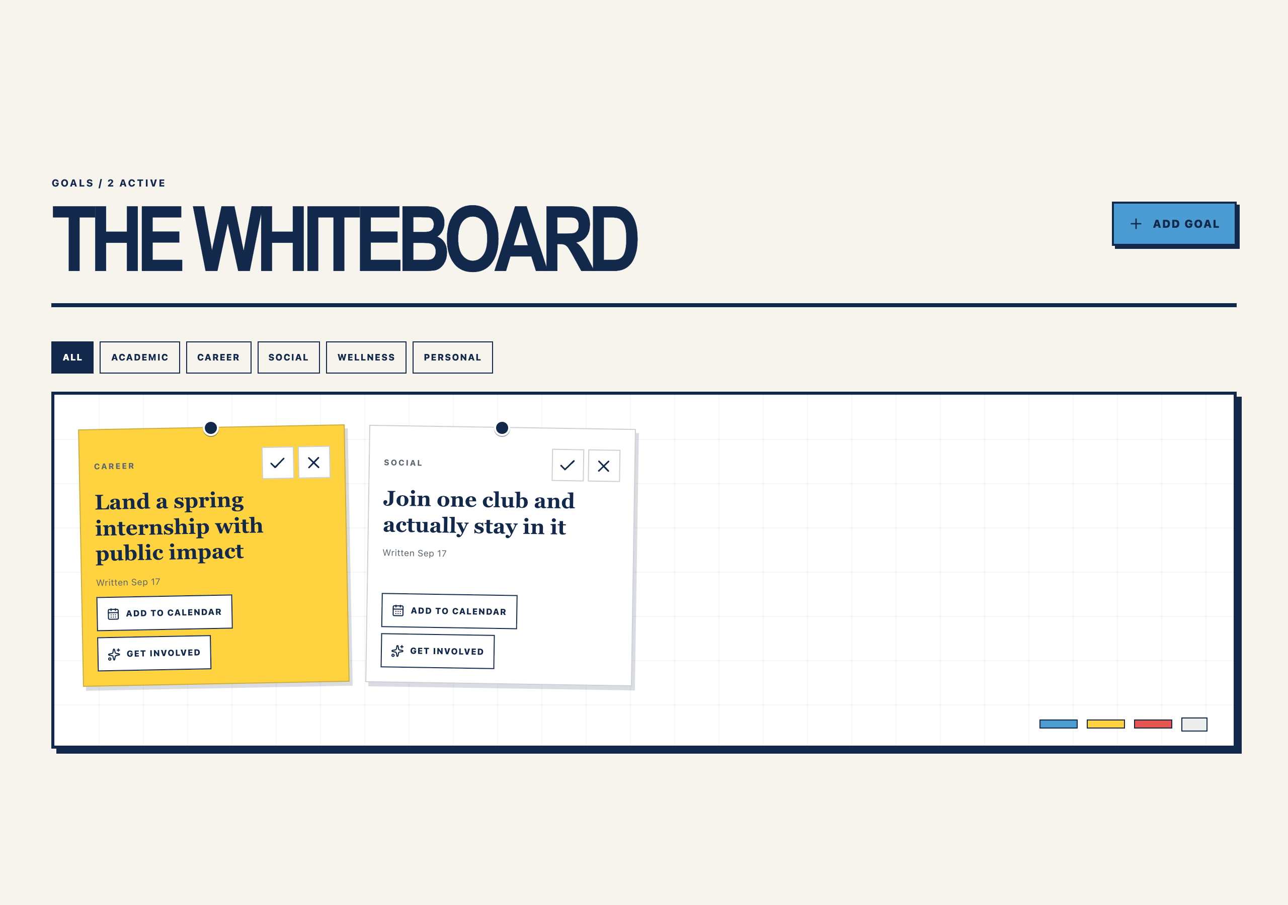 Fictional Life At Goals page with active goals shown on the full whiteboard