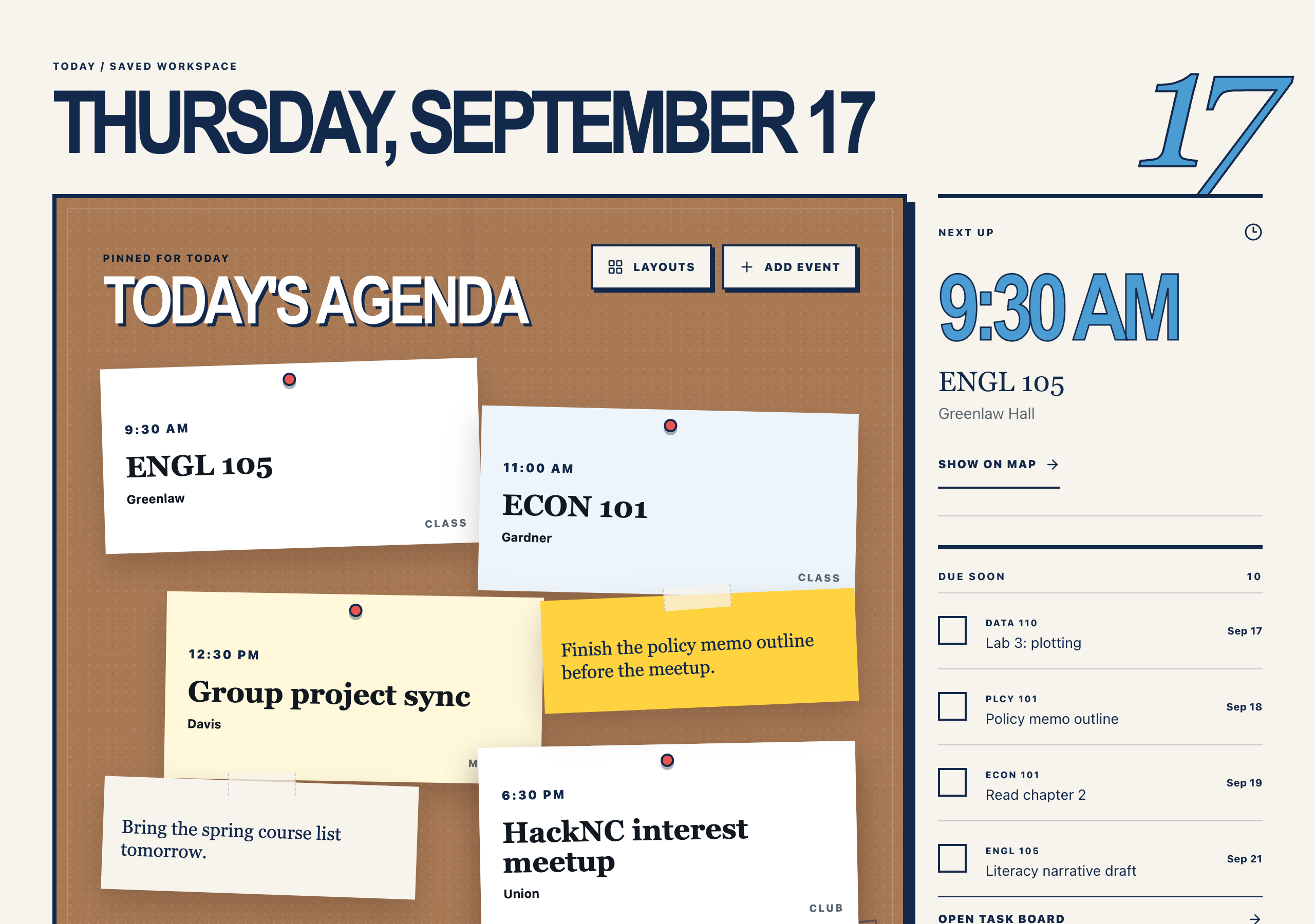 Fictional Life At Today page with a full day of classes, plans, and deadlines
